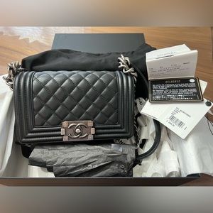 CHANEL Small Boy Bag in Black Calfskin with Ruthenium Hardware